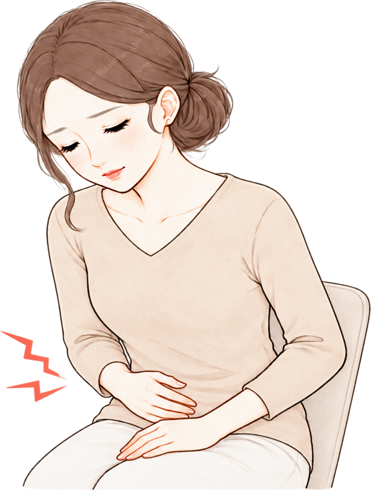 椅子に座り、おなかに手を当てて痛みをこらえる女性のイラスト