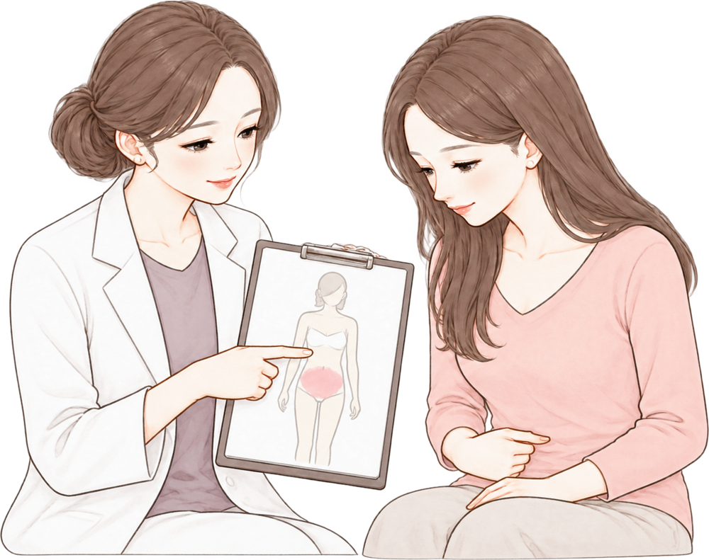 医師が図を指し示しながら、症状の場所を患者に説明するイラスト