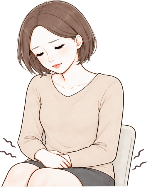 椅子に座り、下腹部に手を当てて痛みをこらえる女性のイラスト