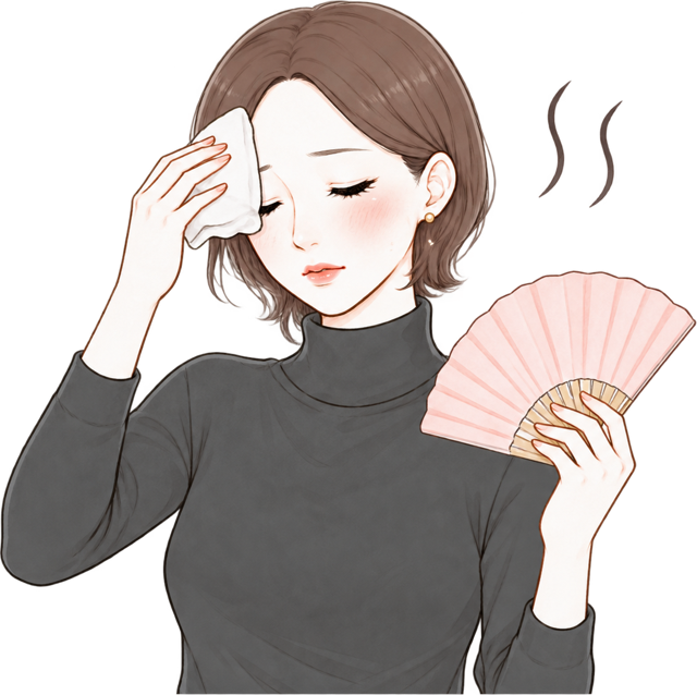 ハンカチで汗をふき、扇子であおぐ女性のイラスト
