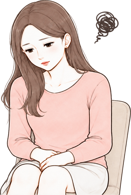 椅子に座ってうつむき、悩む若い女性のイラスト
