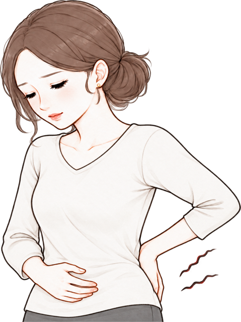 おなかと腰に手を当てる女性のイラスト