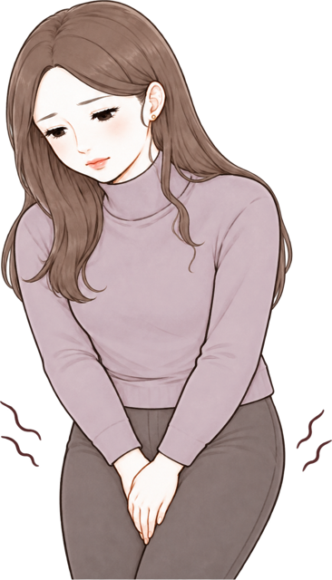 両手を前で押さえて前かがみになる女性のイラスト
